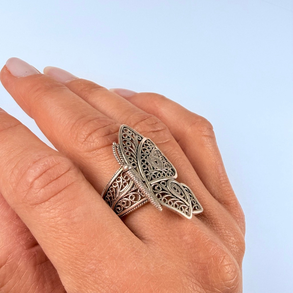 Filigree BIG Perched Butterfly Sterling Silver 925 DGS Turkey Vintage 1.3" Ring - Picture 9 of 10